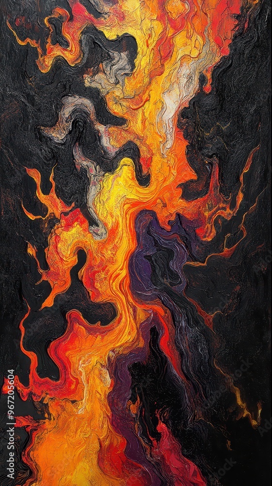 A striking design featuring a dynamic melting pattern that evokes the appearance of molten materials in orange and black