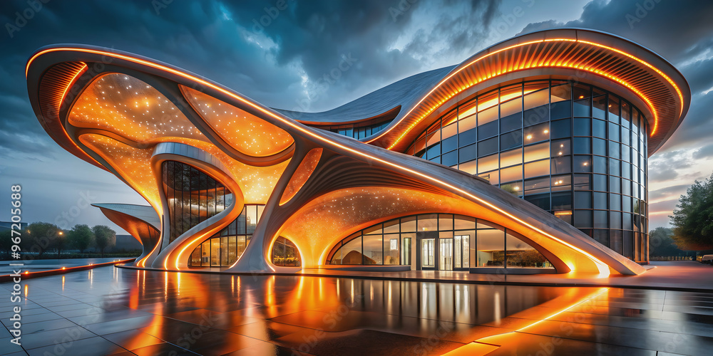 Fototapeta premium Futuristic building with organic shapes and orange lights in a dark setting, futuristic, architecture, organic, forms