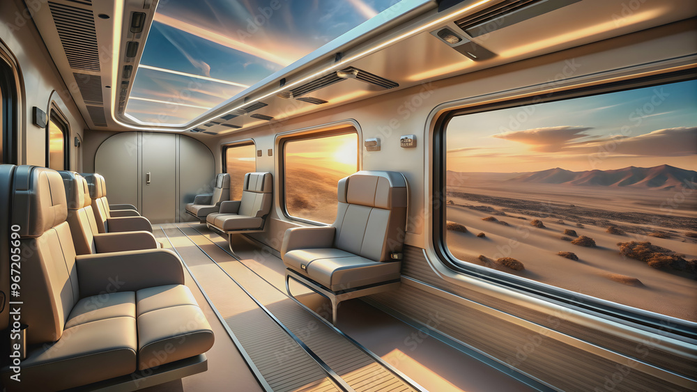 Fototapeta premium Futuristic train interior with desert landscape outside window, train, interior, concept, art, futuristic, desert
