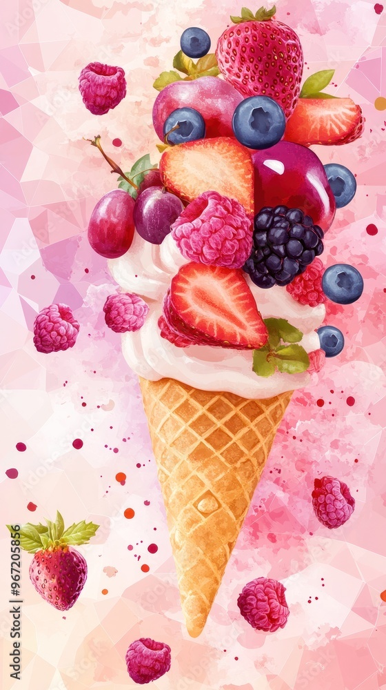 A waffle cone overflowing with fresh berries, grapes, and whipped cream. A waffle cone overflowing with fresh berries, grapes, and whipped cream.