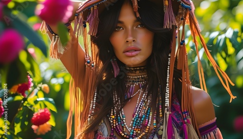 Bohemian fashion model in layered fringe and bead clothing poses gracefully in a vibrant, sunlit garden photo