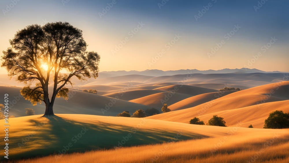 A tree is in the foreground of a field with a beautiful sunset in the background A tree is in the foreground of a field with a beautiful sunset in the background
