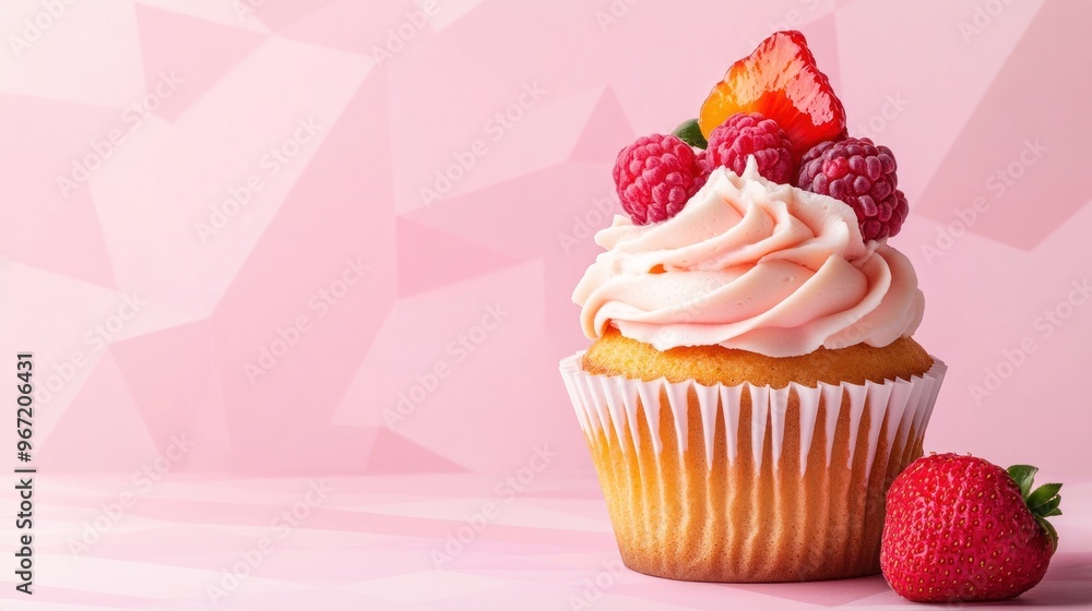 A single vanilla cupcake with pink frosting topped with fresh strawberries and raspberries. The cupcake is set against a soft pink geometric background. A single vanilla cupcake with pink frosting topped with fresh strawberries and raspberries. The cupcake is set against a soft pink geometric background.