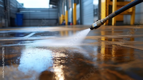 Industrial-grade pressure washer deep cleaning a garage floor, water cascading over oily surfaces, leaving behind a gleaming, polished area