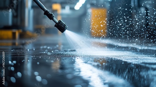 Intense close-up of a high-pressure nozzle blasting water onto a dirt-covered floor, the cleaning force creating a sharp contrast between clean and dirty