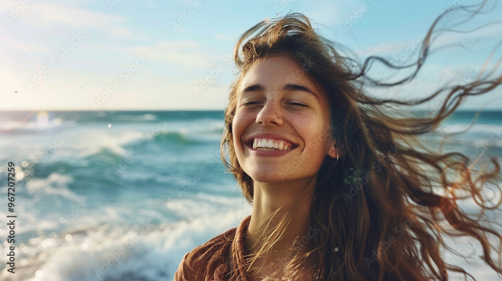 A happy woman with long, flowing hair standing on a breezy beach, smiling brightly as the ocean waves crash behind her. A happy woman with long, flowing hair standing on a breezy beach, smiling brightly as the ocean waves crash behind her.