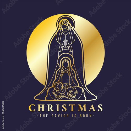 Christmas, the savior is born - Gold line The Nativity with mary and joseph in a manger with baby Jesus on circle and dark blue background vector design