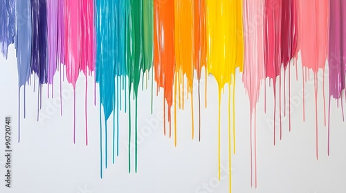 Vivid rainbow paint slowly dripping down a pristine white wall, bright studio lighting to capture every hue, paint streaks blending smoothly, the flow creating organic patterns, a sense of artistic