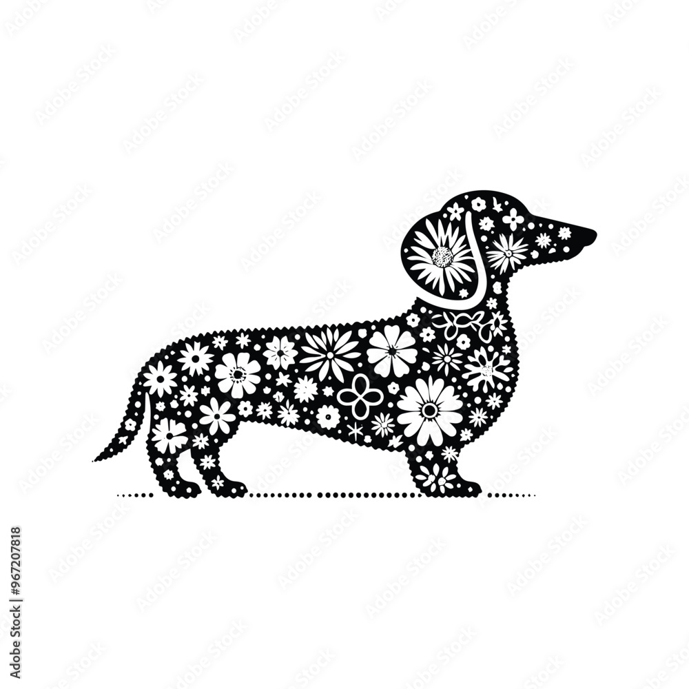 Fototapeta premium Dachshund dog made by simple flower drawing, black and white animal illustration