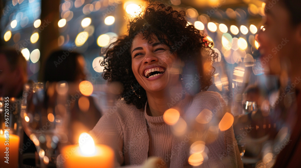 A happy woman sitting at a dinner table, laughing as she enjoys a meal with friends in a warmly lit restaurant. A happy woman sitting at a dinner table, laughing as she enjoys a meal with friends in a warmly lit restaurant.