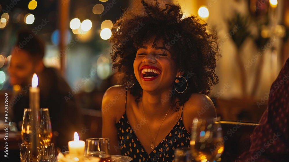 A happy woman sitting at a dinner table, laughing as she enjoys a meal with friends in a warmly lit restaurant. A happy woman sitting at a dinner table, laughing as she enjoys a meal with friends in a warmly lit restaurant.