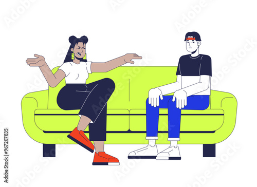 Aggressive woman criticizing guiltless man 2D cartoon characters. Conflict couple sitting couch isolated people flat vector on white background. Annoyed mad female. Spot illustration colorful