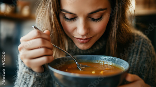 A woman enjoys a warm bowl of soup, embracing the cozy atmosphere of a rustic café during a chilly afternoon