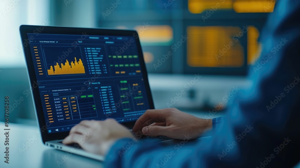 Business leader or executive closely examining key performance indicator KPI dashboards and analytics displayed on laptop screen Business leader or executive closely examining key performance indicator KPI dashboards and analytics displayed on laptop screen