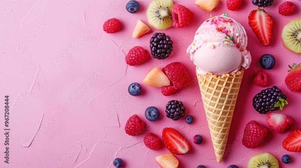 A single scoop of pink ice cream in a waffle cone surrounded by fresh fruit on a pink background. A single scoop of pink ice cream in a waffle cone surrounded by fresh fruit on a pink background.