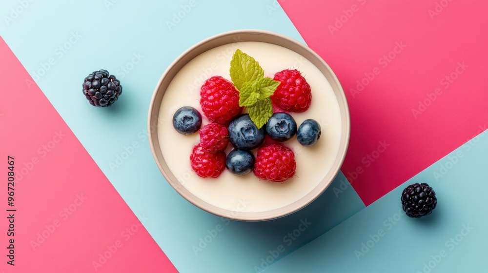 A bowl of yogurt with fresh raspberries and blueberries on a pink and blue background. A bowl of yogurt with fresh raspberries and blueberries on a pink and blue background.