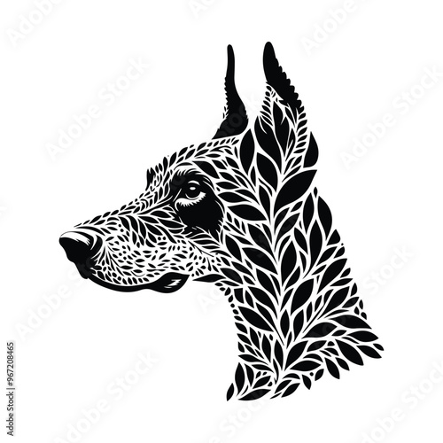 Doberman dog made by simple botanical drawing, black and white animal illustration black and white animal illustration
