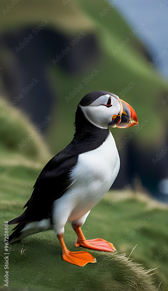 Naklejka premium atlantic puffins preparing fly faroe islands