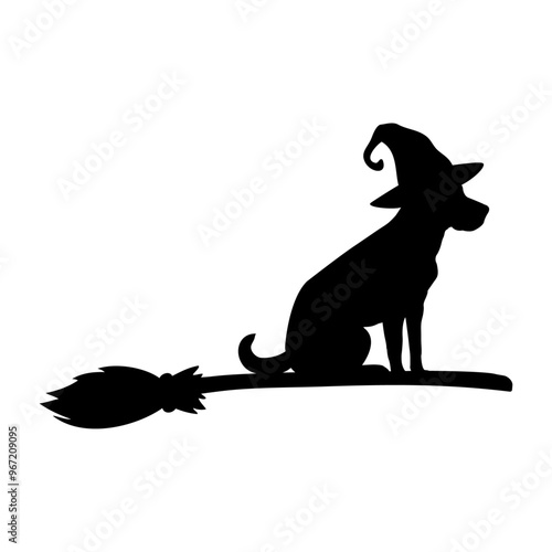 Logo con silueta de perro sentado con sombrero de bruja en una escoba para su uso en felicitaciones y tarjetas de Halloween