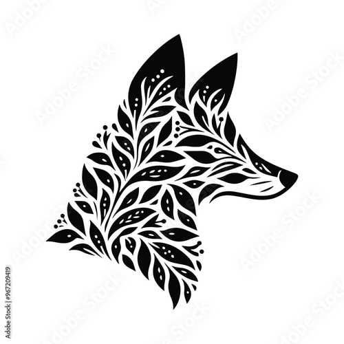 Fox made by simple botanical drawing, black and white animal illustration black and white animal illustration