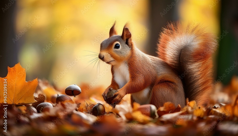 A busy squirrel gathering acorns on the forest floor, surrounded by a blanket of fallen autumn leaves, illustrating the beauty of wildlife in nature. A busy squirrel gathering acorns on the forest floor, surrounded by a blanket of fallen autumn leaves, illustrating the beauty of wildlife in nature.