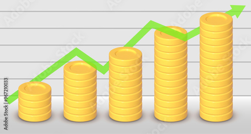 Graph with stacks of golden coin. 3D rendering. Vector illustration on white background. Rising prices, price increase, salary growth