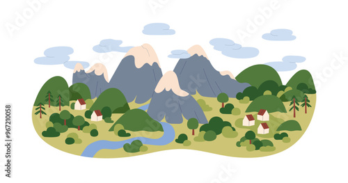Nature landscape with mountains, trees and houses in summer. Rural countryside environment, village at rocks and river water, clouds in sky. Flat vector illustration isolated on white background