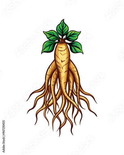 A detailed vector illustration of a ginseng root, showcasing its internal anatomy, with a close-up view of the root system, revealing the intricate branching patterns, and the leaves above.