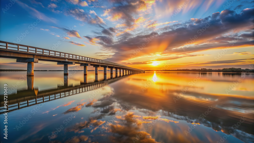 Fototapeta premium Sunset over the bridge reflecting on the calm water below, sunset, bridge, reflection, water, peaceful, evening, dusk