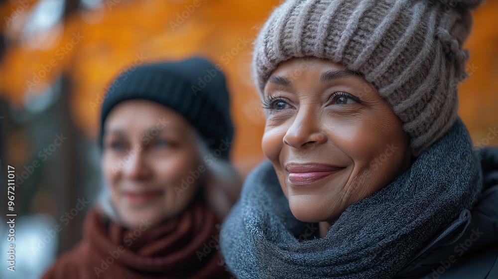 Two women wearing hats and scarves are smiling at the camera. Scene is warm and friendly Two women wearing hats and scarves are smiling at the camera. Scene is warm and friendly