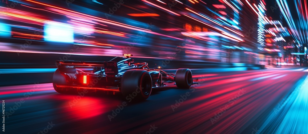 Naklejka premium Formula 1 motorsport race car driver at high speed performance motion blur speed racing track in vibrant red colors. Generative AI