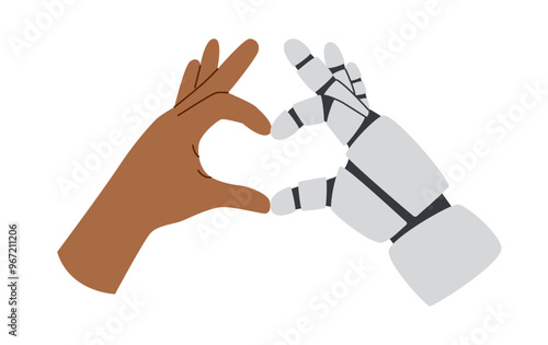Technology concept. AI concept. Robots and human hands gesture showing a heart isolated on white background. Cooperative concept.
