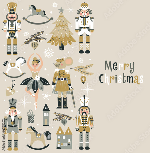 Merry Christmas, New Year set with Ballerina, Mouse King and Nutcracker. Christmas card three and toys