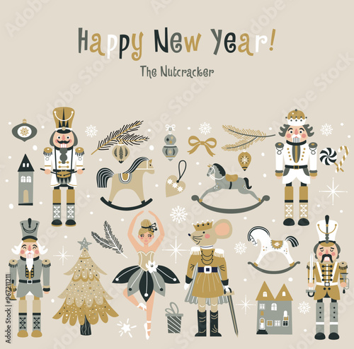 Merry Christmas, New Year set with Ballerina, Mouse King and Nutcracker. Christmas card three and toys