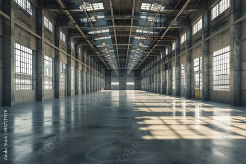 3D Rendering of Spacious Warehouse with Open Shutter Door and Lots of Windows for Industrial Background