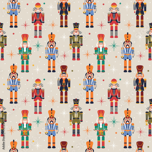 Seamless Christmas Pattern with Nutcrackers in Vector on beige.