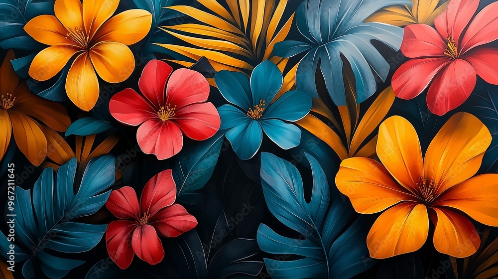 Fototapeta premium A colorful bouquet of flowers with a blue background. The flowers are red, yellow, and orange