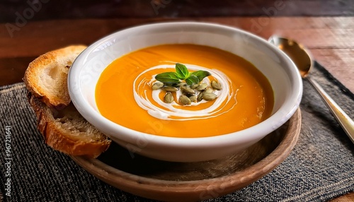 A steaming bowl of creamy pumpkin soup garnished with a swirl of cream and a sprinkle of roasted pumpkin seeds, perfect for a warm autumn meal.