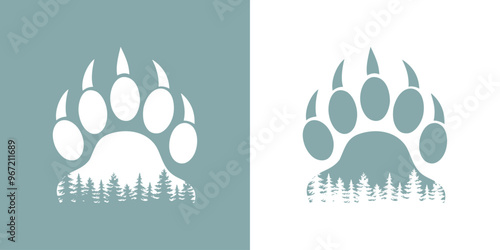 Logo vida salvaje. Garras de oso. Paisaje con silueta de pisada de oso con bosque de árboles tipo pino o abeto en espacio negativo