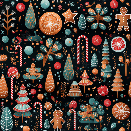 Christmas candy pattern with candy canes, gingerbread men, and sugar cookies, bright festive colors, playful and fun