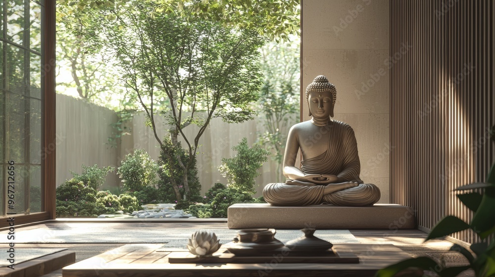 Peaceful Zen Buddha Statue in Serene Indoor Garden Landscape Peaceful Zen Buddha Statue in Serene Indoor Garden Landscape