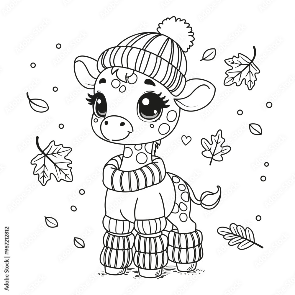 Obraz premium Coloring page for kids. Cute cartoon giraffe in a hat and sweater.