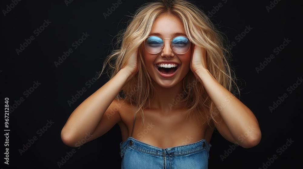 A woman with blonde hair and blue jeans is smiling and laughing. She is wearing glasses and has her hands on her head A woman with blonde hair and blue jeans is smiling and laughing. She is wearing glasses and has her hands on her head