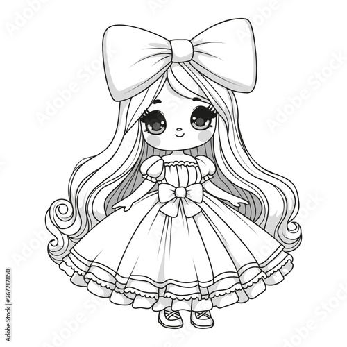 Cute girl with long hair and beautiful dress. Coloring page for children. Art therapy.