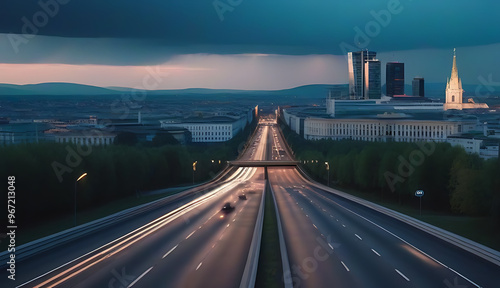 cinematic fictional city skyline vienna austria highway leads city represents armageddon end world