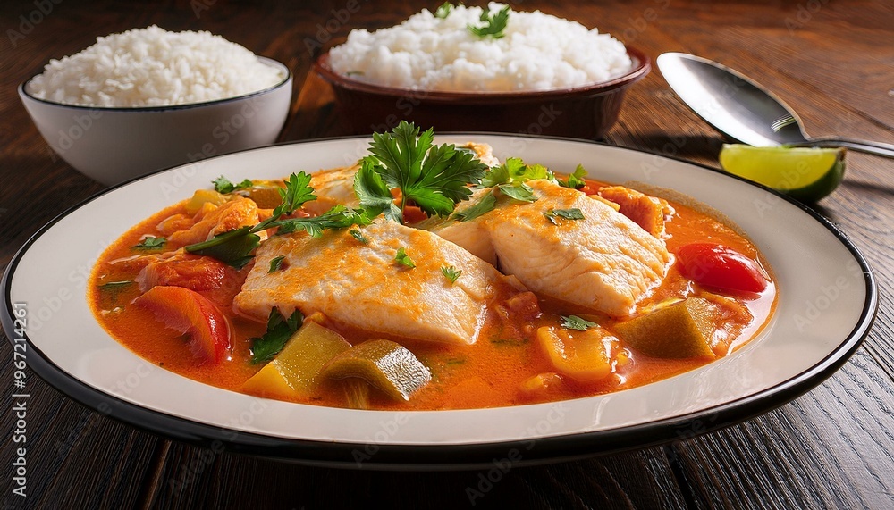 A bowl of Moqueca de Peixe, a traditional Brazilian fish stew prepared with fresh white fish, tomatoes, onions, and coconut milk, rich in tropical flavors. A bowl of Moqueca de Peixe, a traditional Brazilian fish stew prepared with fresh white fish, tomatoes, onions, and coconut milk, rich in tropical flavors.
