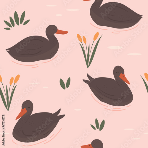 cute hand drawn cartoon character brown duck swimming in romantic pink lake seamless vector pattern background illustration 