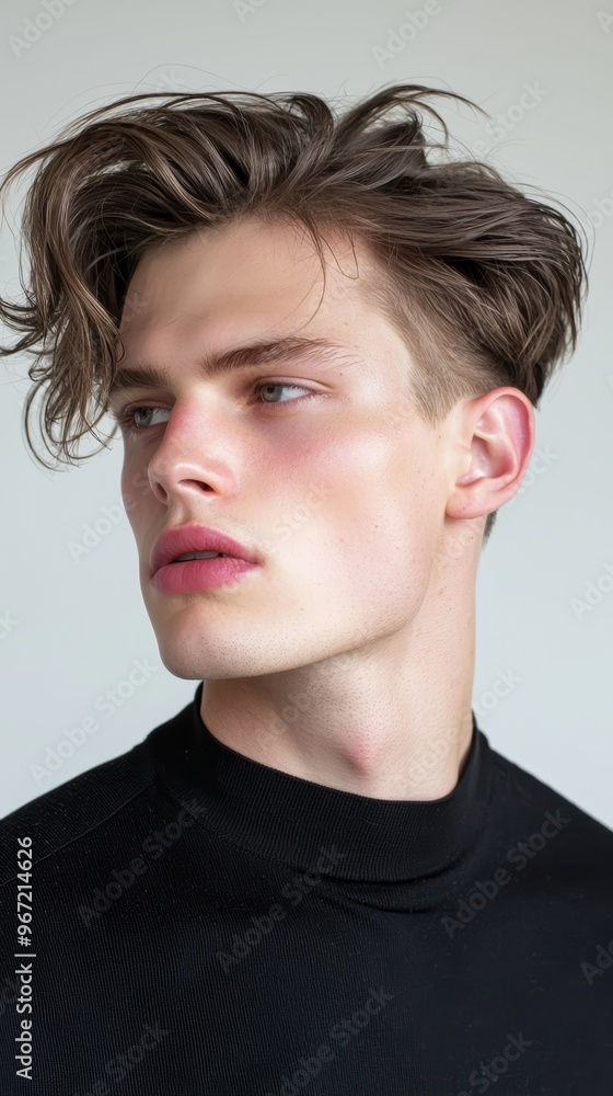 How does the symmetry in the hairstyle contribute to a sense of sleekness and precision in the overall look How does the symmetry in the hairstyle contribute to a sense of sleekness and precision in the overall look