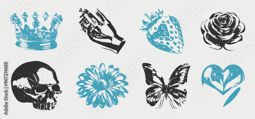 Trendy elements halftone stipple effect, for collage design. in the style of grunge punk. Crown, rose, skull, strawberry, hand, chamomile, heart. Vector illustration with retro photocopy effect.