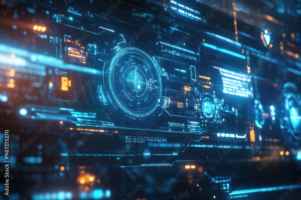 Background featuring holographic interface elements and data streams Background featuring holographic interface elements and data streams